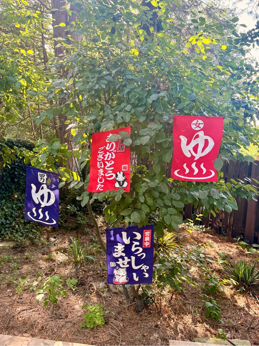 Japanese Noren-Style Bathhouse Flags - Red & Purple and small green Buddha
